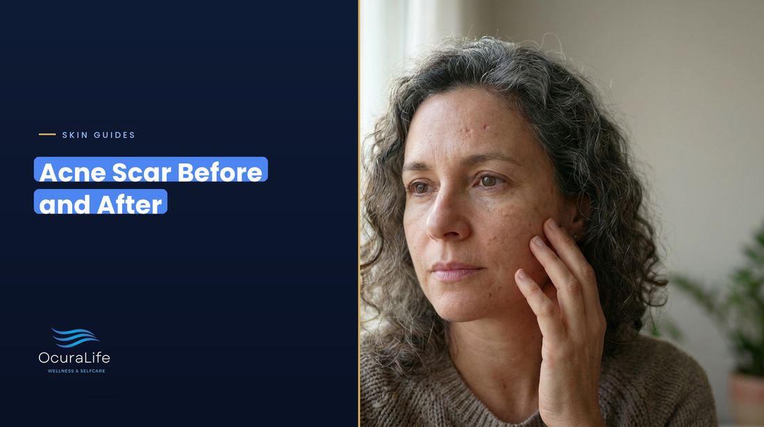 Woman in her 40s touching shallow acne scars on her cheek in soft window light