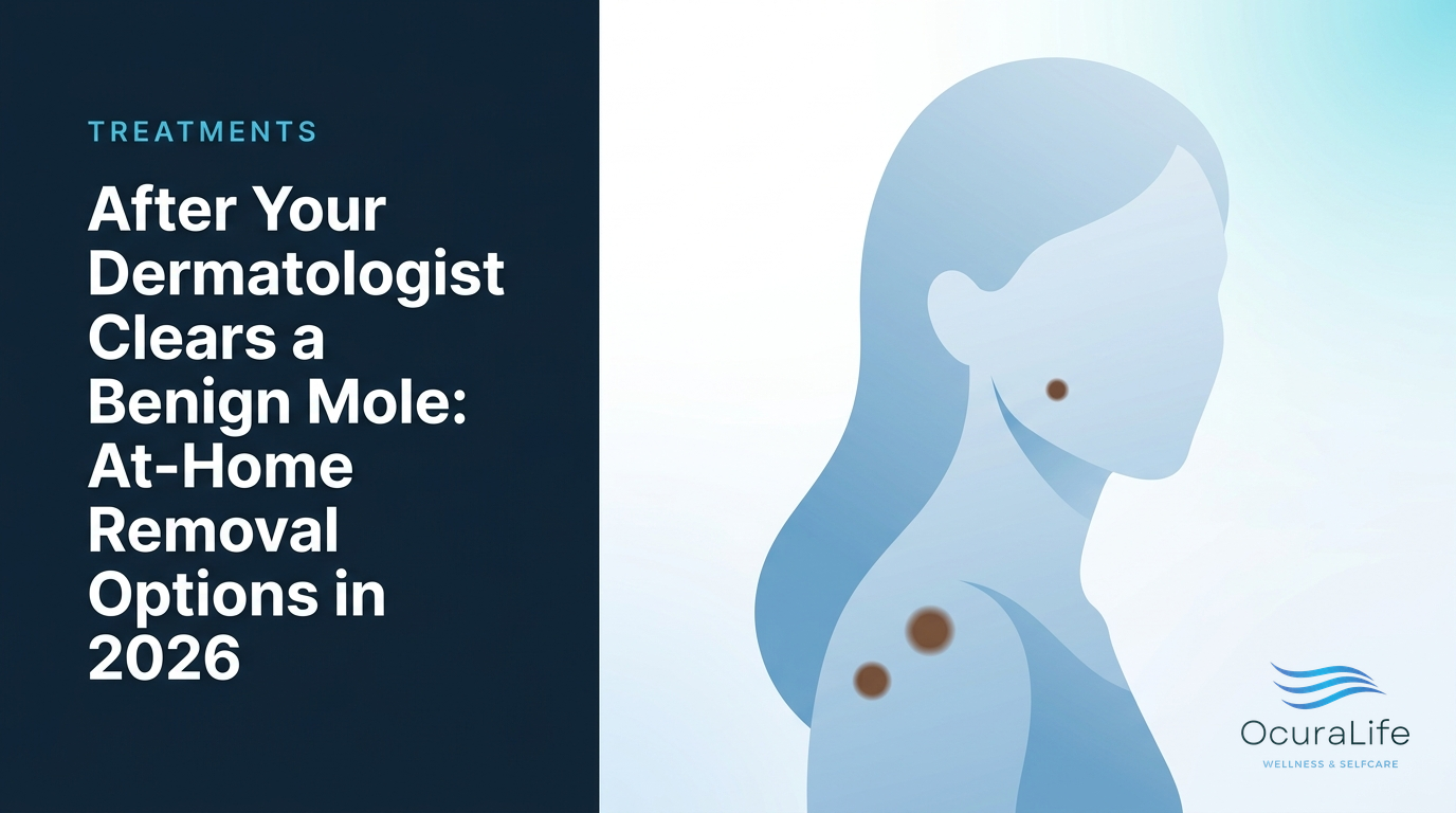 Editorial illustration: After Your Dermatologist Clears a Benign Mole: At-Home Removal Options in 2026