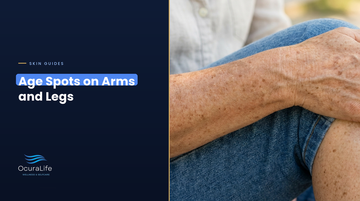 Flat tan and brown age spots on a sun-exposed forearm, hand and leg
