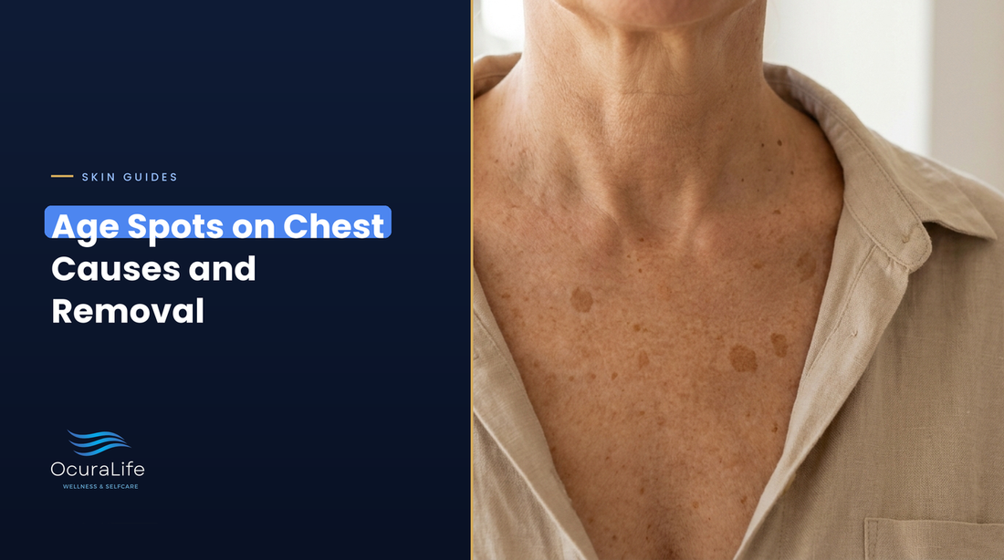 Flat tan age spots on the chest and decollete of a woman in her 50s