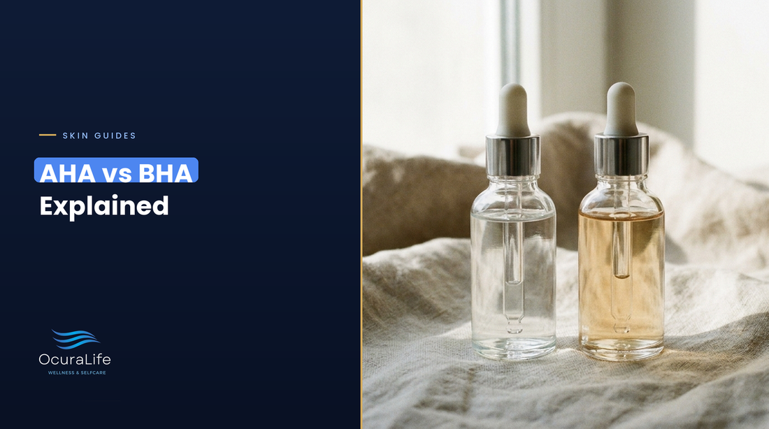 AHA vs BHA explained: two unlabelled serum bottles, one clear and one amber