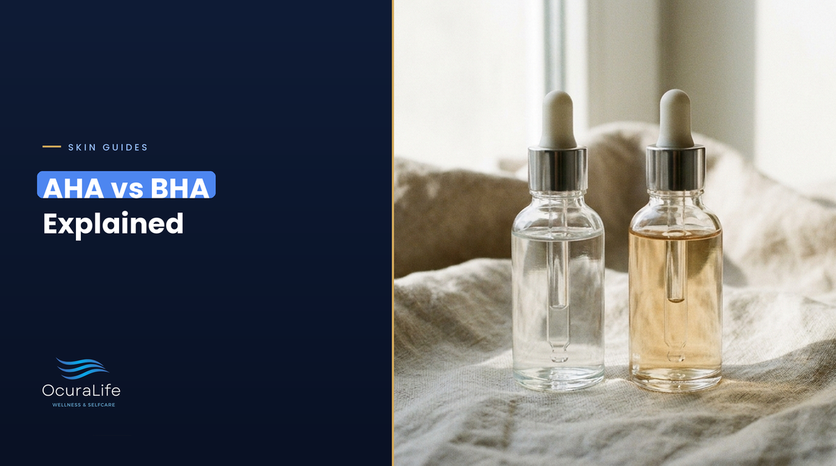 AHA vs BHA explained: two unlabelled serum bottles, one clear and one amber