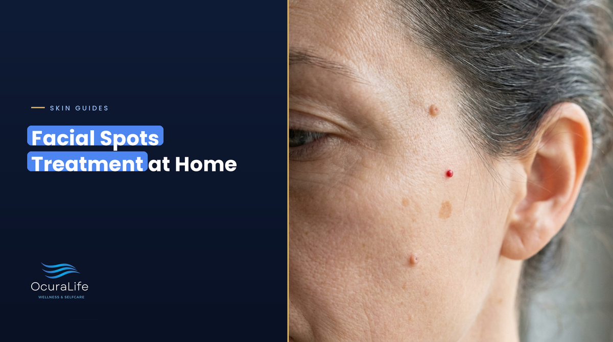 Close-up of a woman's cheek and temple with a small red cherry angioma, a flat brown sun spot and small skin-colored bumps