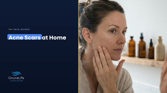 Best at-home acne scars removal: woman checking shallow acne scars on her cheek in a bathroom mirror
