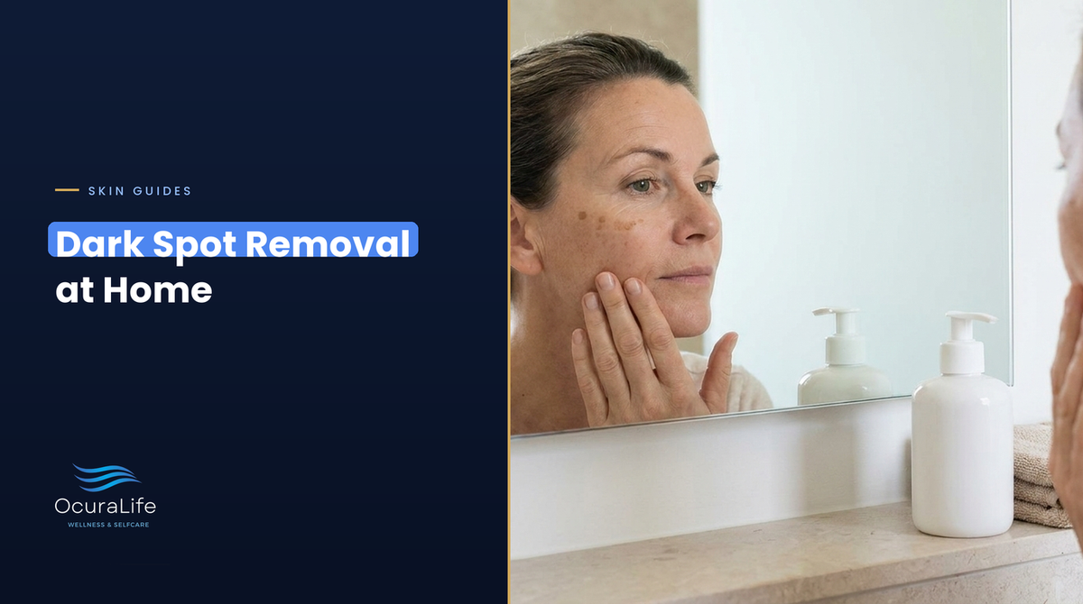 Woman checking flat dark spots on her cheek in a bathroom mirror before at-home dark spot removal