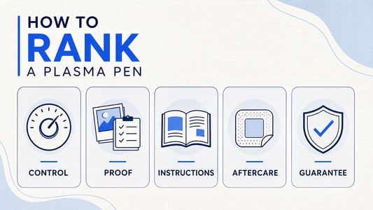 Infographic showing how to rank a plasma pen by control, proof, instructions, aftercare, and guarantee