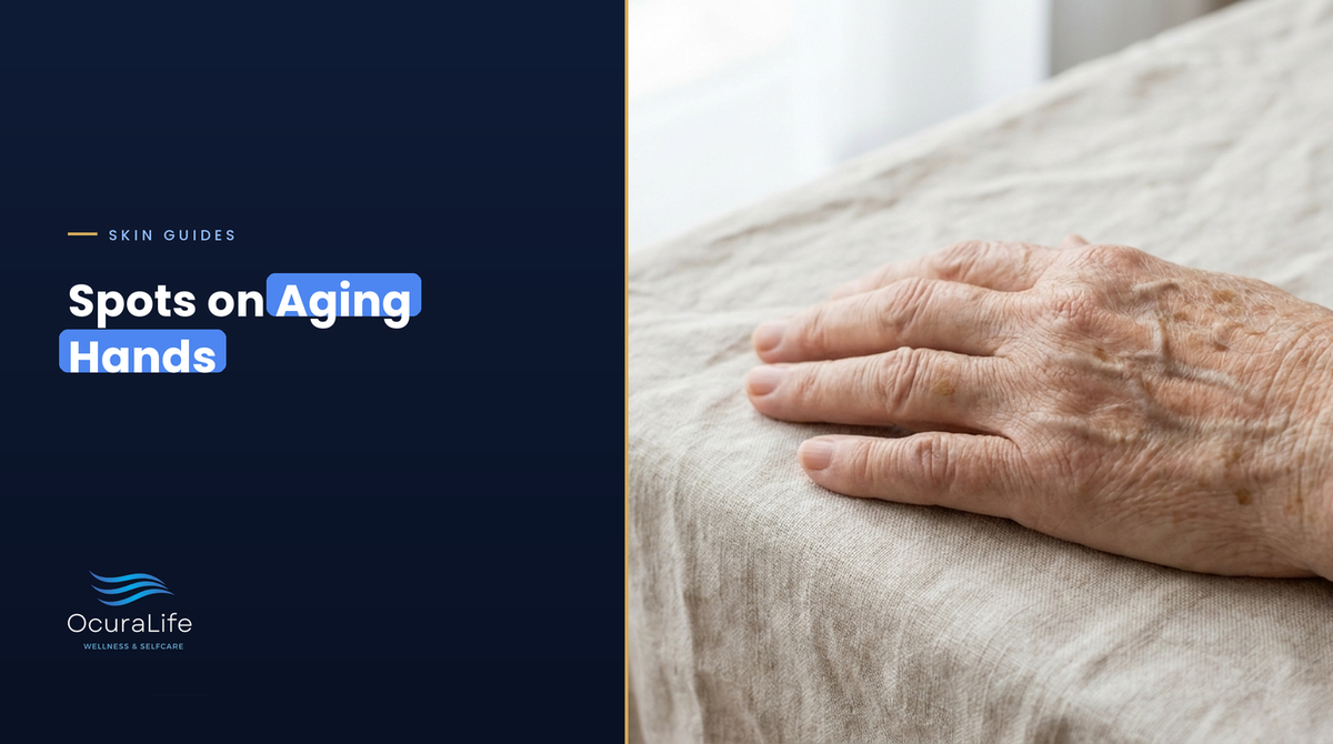 Back of an older hand with flat tan age spots, cover for Best At-Home Device for Aging Hands and Spots