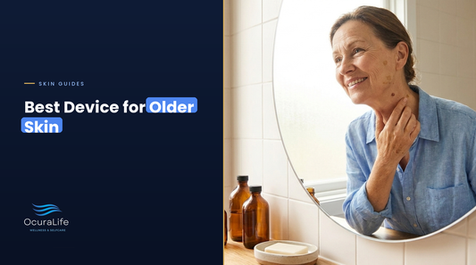 Woman over 60 checking a skin tag and age spots on her neck in the mirror, best device for older skin