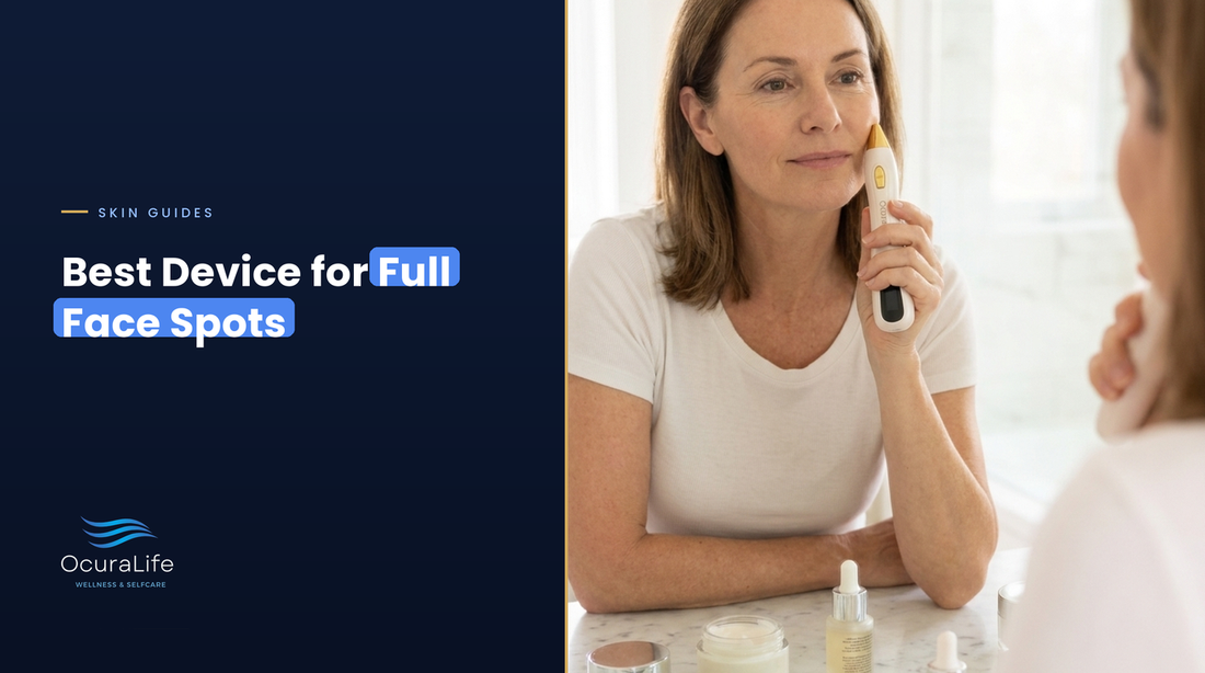 Woman in her 50s using an at-home plasma pen on her cheek, best device for full-face spots