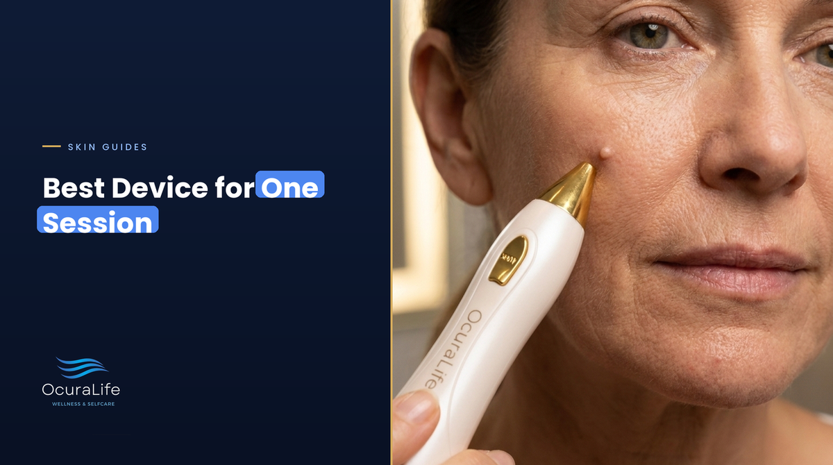 A woman in her fifties holding the OcuraLife plasma pen near a small skin-colored bump on her cheek, the best device for a one-session spot result