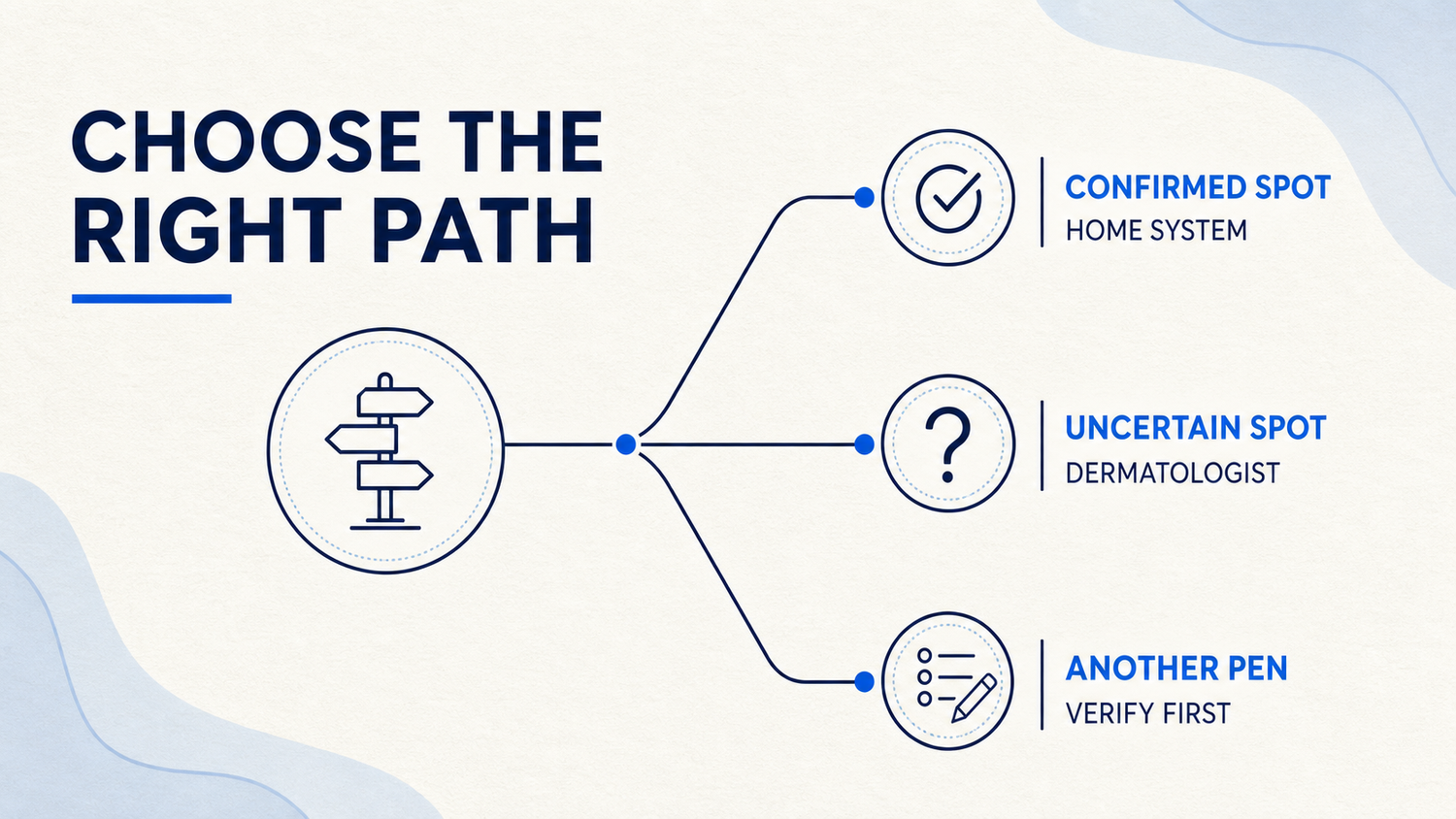 Decision infographic for choosing between a verified home system, a dermatologist, or another pen