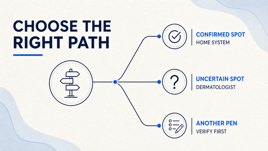 Decision infographic for choosing between a verified home system, a dermatologist, or another pen