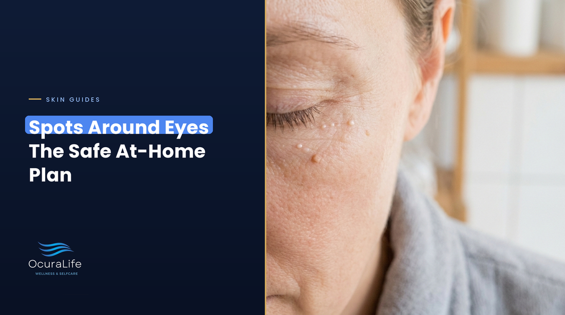 Close-up of tiny white spots and a small skin tag on the skin around a closed eye