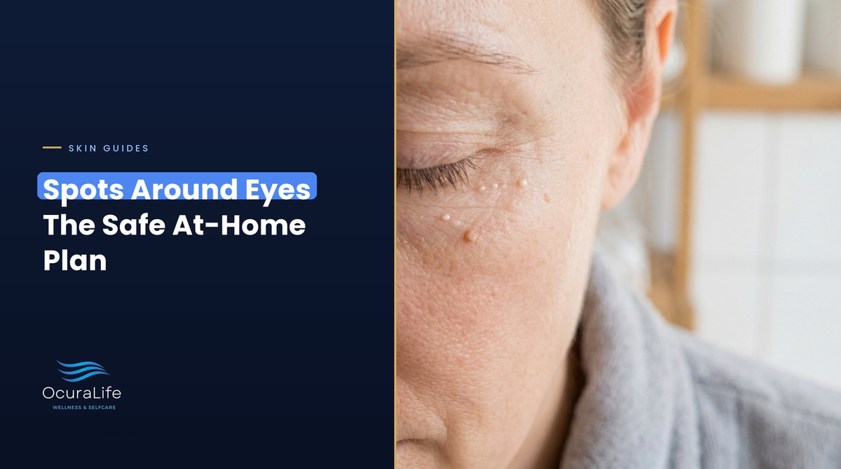 Close-up of tiny white spots and a small skin tag on the skin around a closed eye