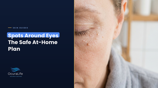 Close-up of tiny white spots and a small skin tag on the skin around a closed eye