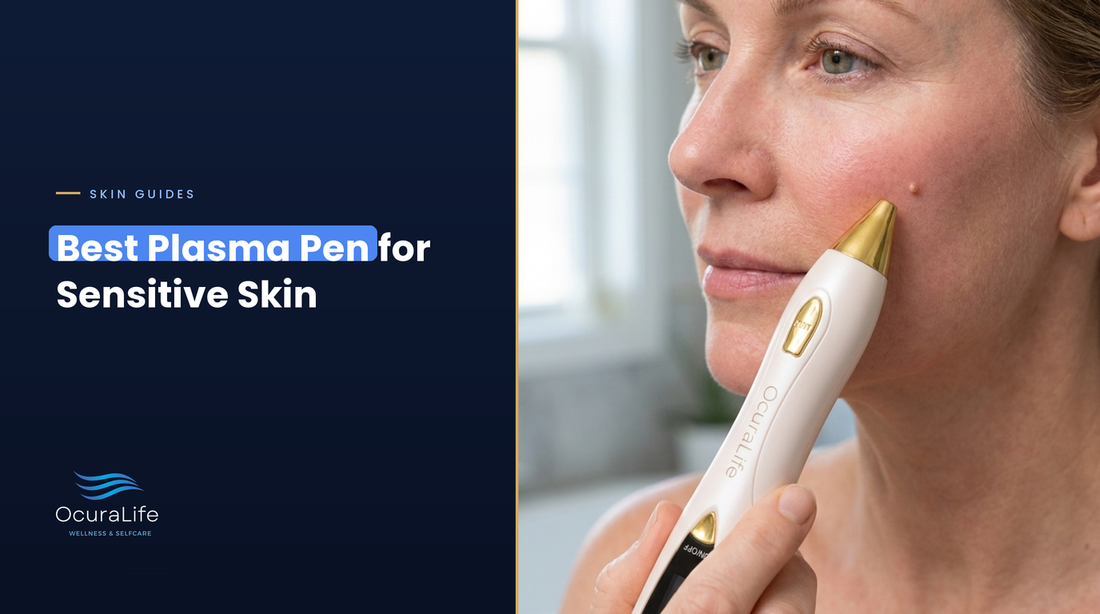 Woman using the OcuraLife plasma pen on a cheek spot, best plasma pen for sensitive skin