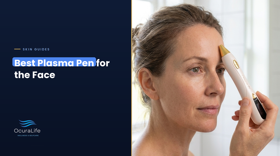 Woman using the OcuraLife plasma pen on a forehead spot, best plasma pen for the face