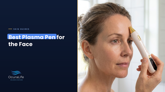 Woman using the OcuraLife plasma pen on a forehead spot, best plasma pen for the face