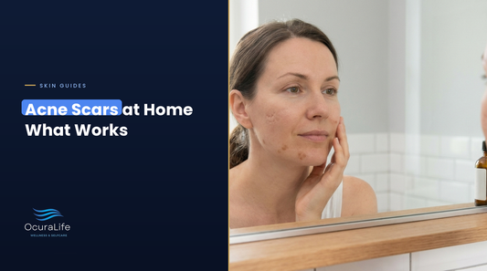 Woman checking shallow acne scars and flat dark marks on her cheek in a bathroom mirror