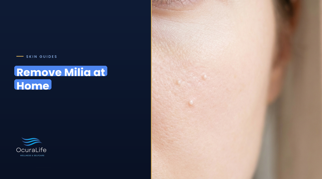 Close-up of tiny pearly white milia bumps on the cheek below the eye