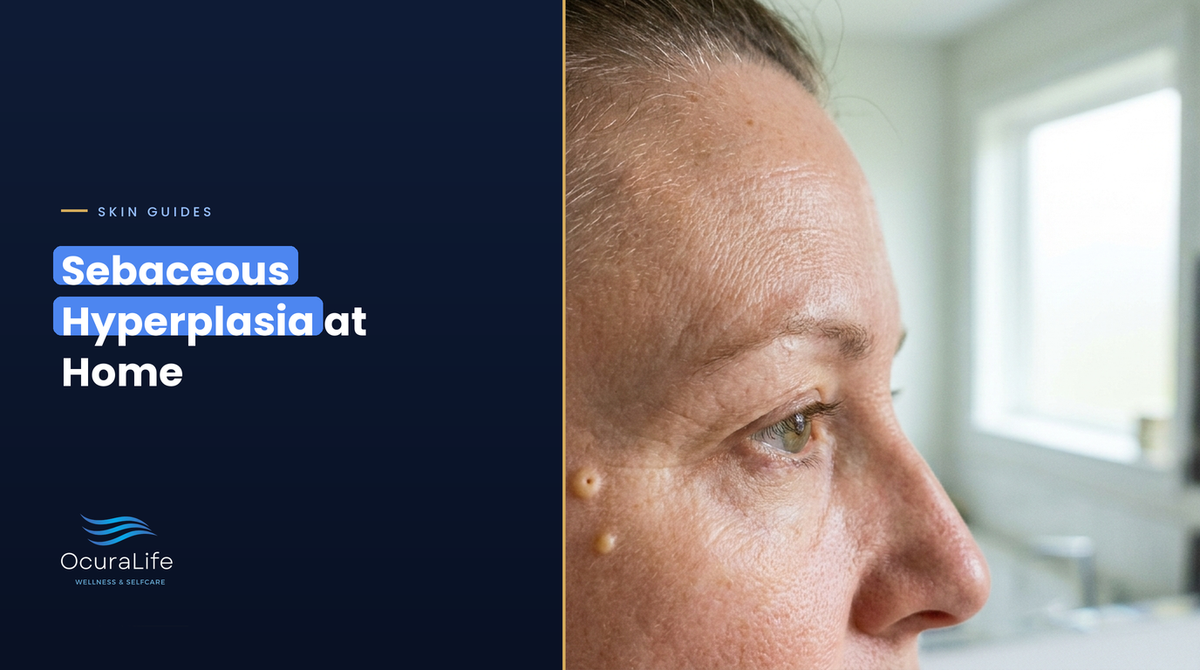 Sebaceous hyperplasia at home: small yellowish bumps with a central dip on the cheek