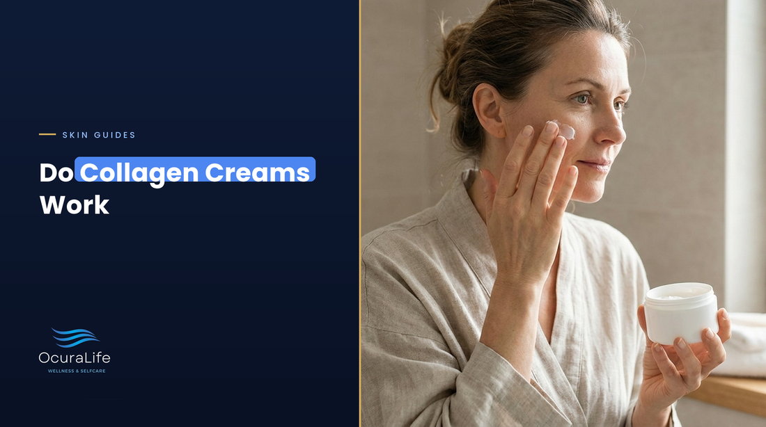 Woman in her late 40s applying a collagen cream to her cheek, cover for do collagen creams work