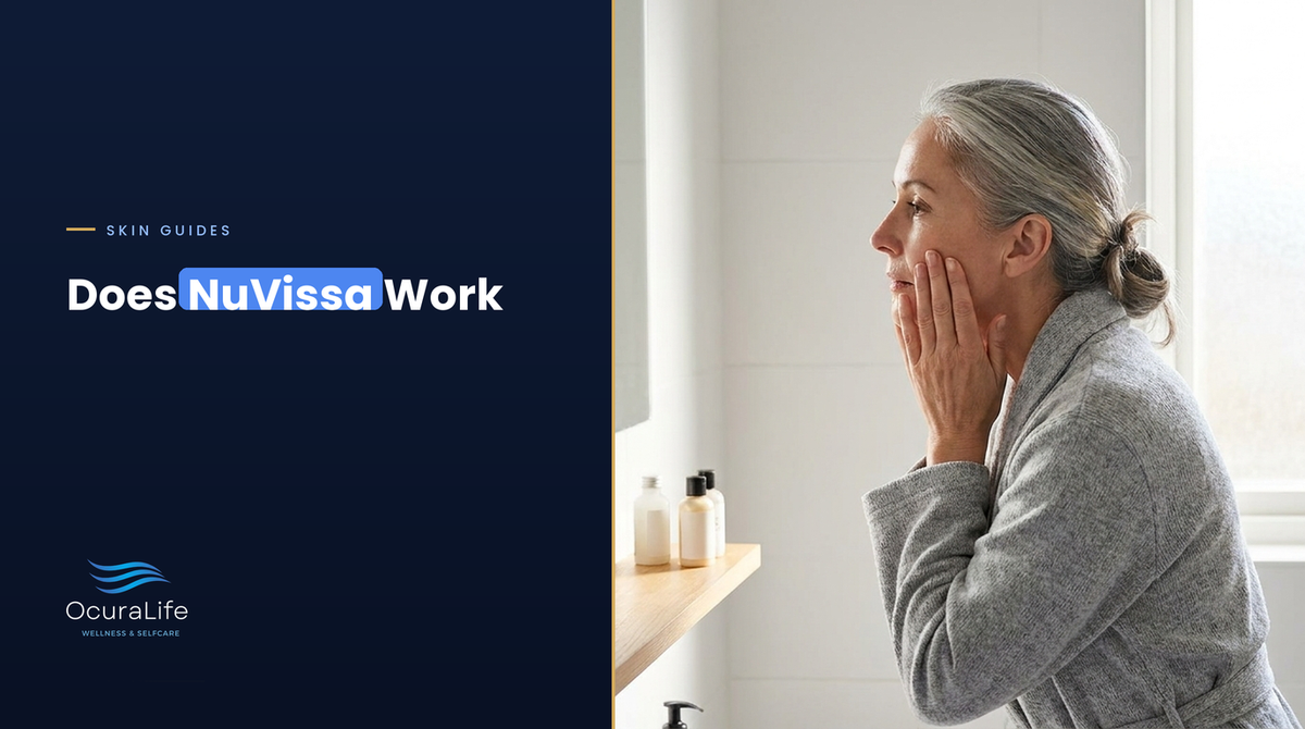 Woman in her late 40s checking her cheek in a bathroom mirror, cover for does NuVissa work