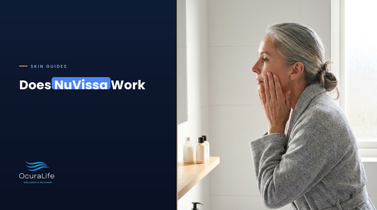 Woman in her late 40s checking her cheek in a bathroom mirror, cover for does NuVissa work