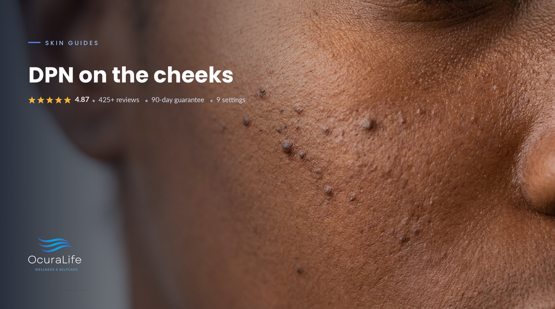 Close up of dermatosis papulosa nigra papules on the cheek of deep melanated skin