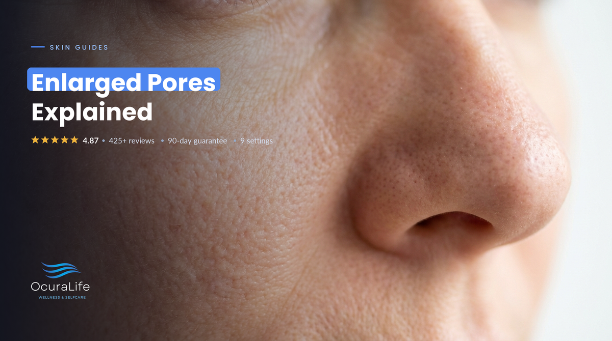 Close-up of enlarged pores on the cheek and nose, OcuraLife guide to enlarged pores