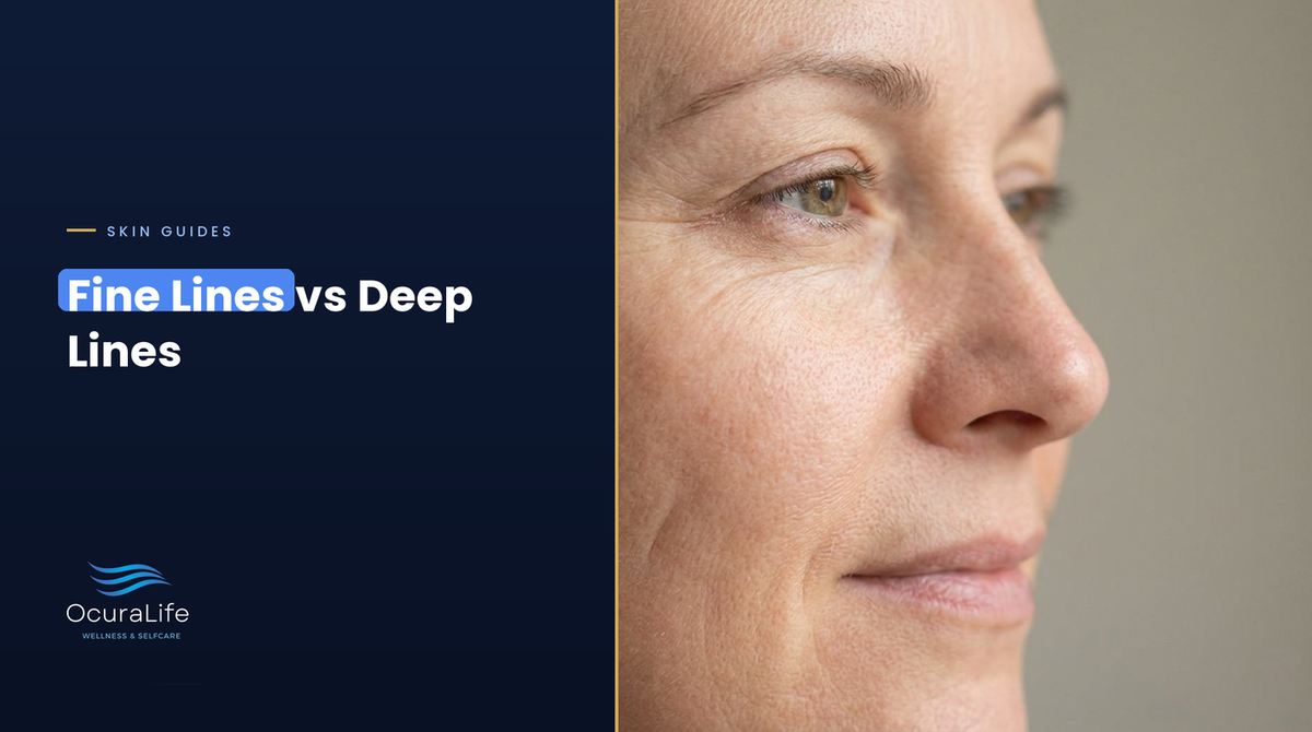 Fine lines at the outer eye corner and a deeper set crease on the cheek of a woman in her late 40s