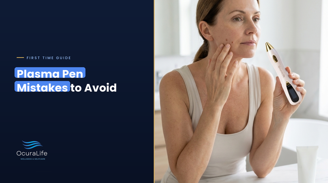 A woman in her late 40s checks a small spot on her cheek in the mirror before her first at-home plasma pen session