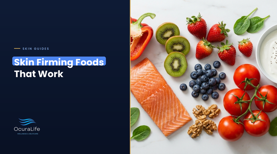 Skin firming foods including salmon, red pepper, kiwi, strawberries, blueberries, walnuts, tomatoes and yogurt