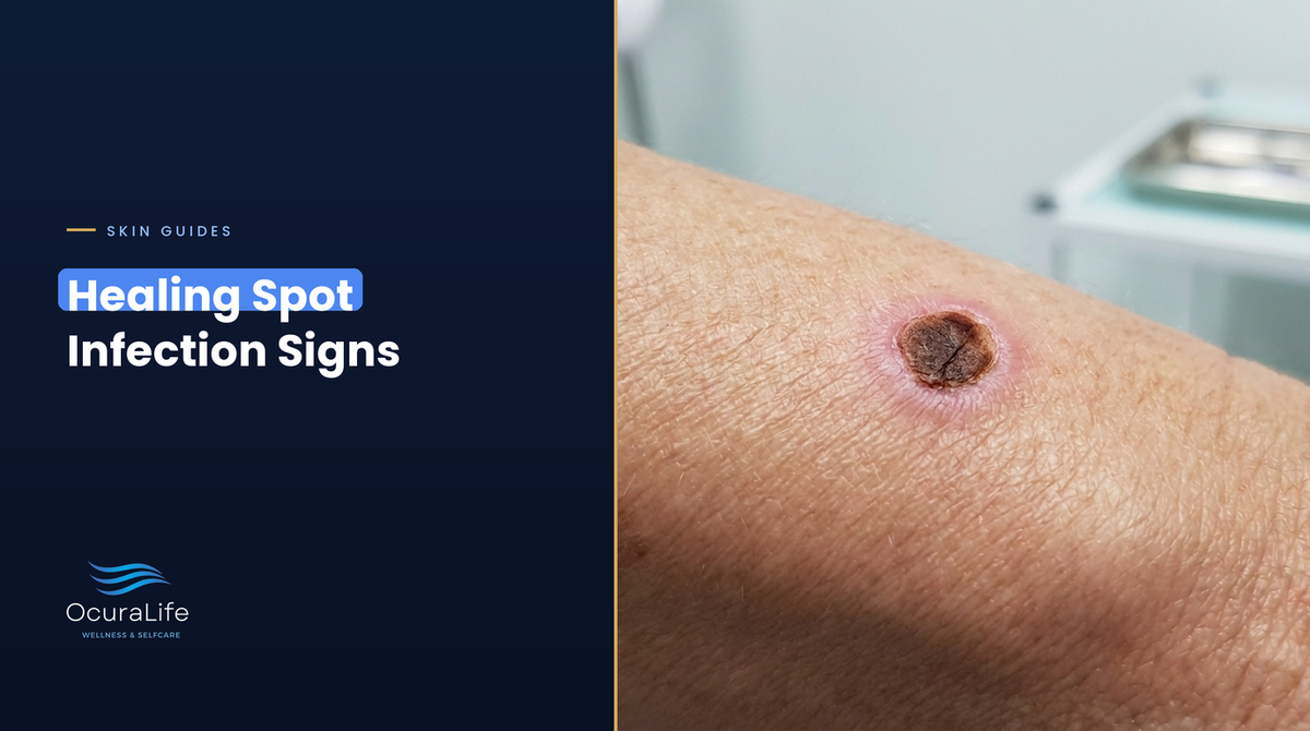 A healing spot on the forearm with a small dark scab and a thin pink ring of normal healing skin, cover for healing spot infection signs
