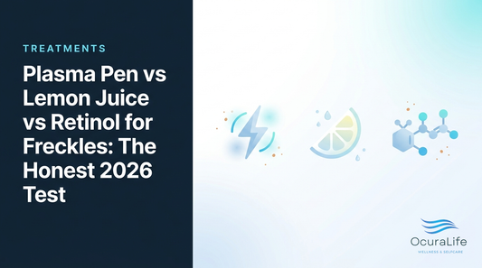 Editorial illustration: Plasma Pen vs Lemon Juice vs Retinol for Freckles