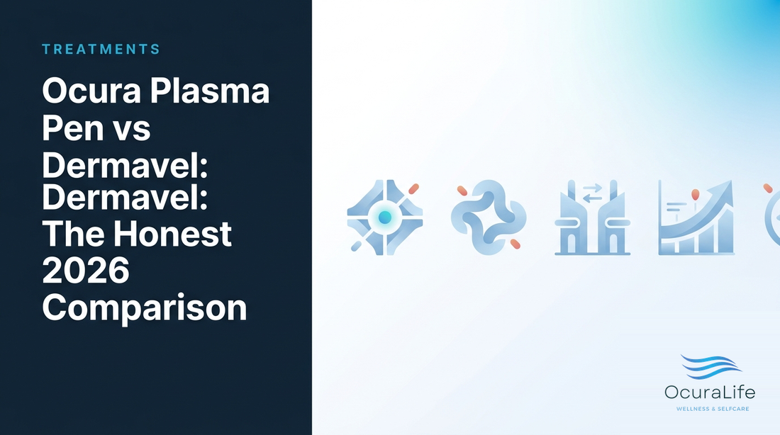 Editorial illustration: Ocura Plasma Pen vs Dermavel: The Honest 2026 Comparison