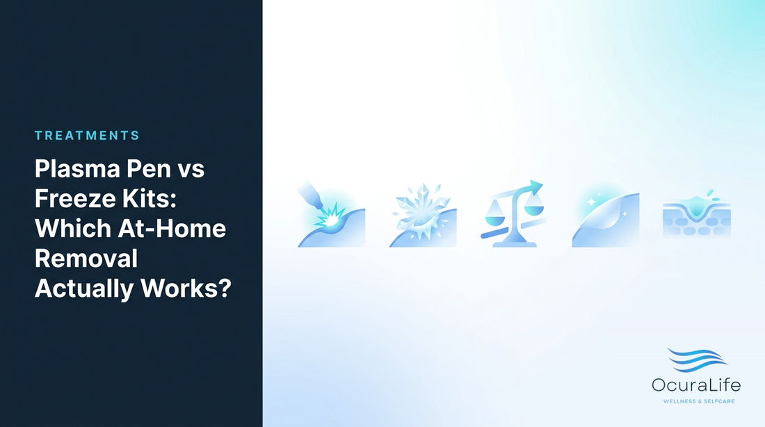 Editorial illustration: Plasma Pen vs Freeze Kits: Which At-Home Removal Actually Works?