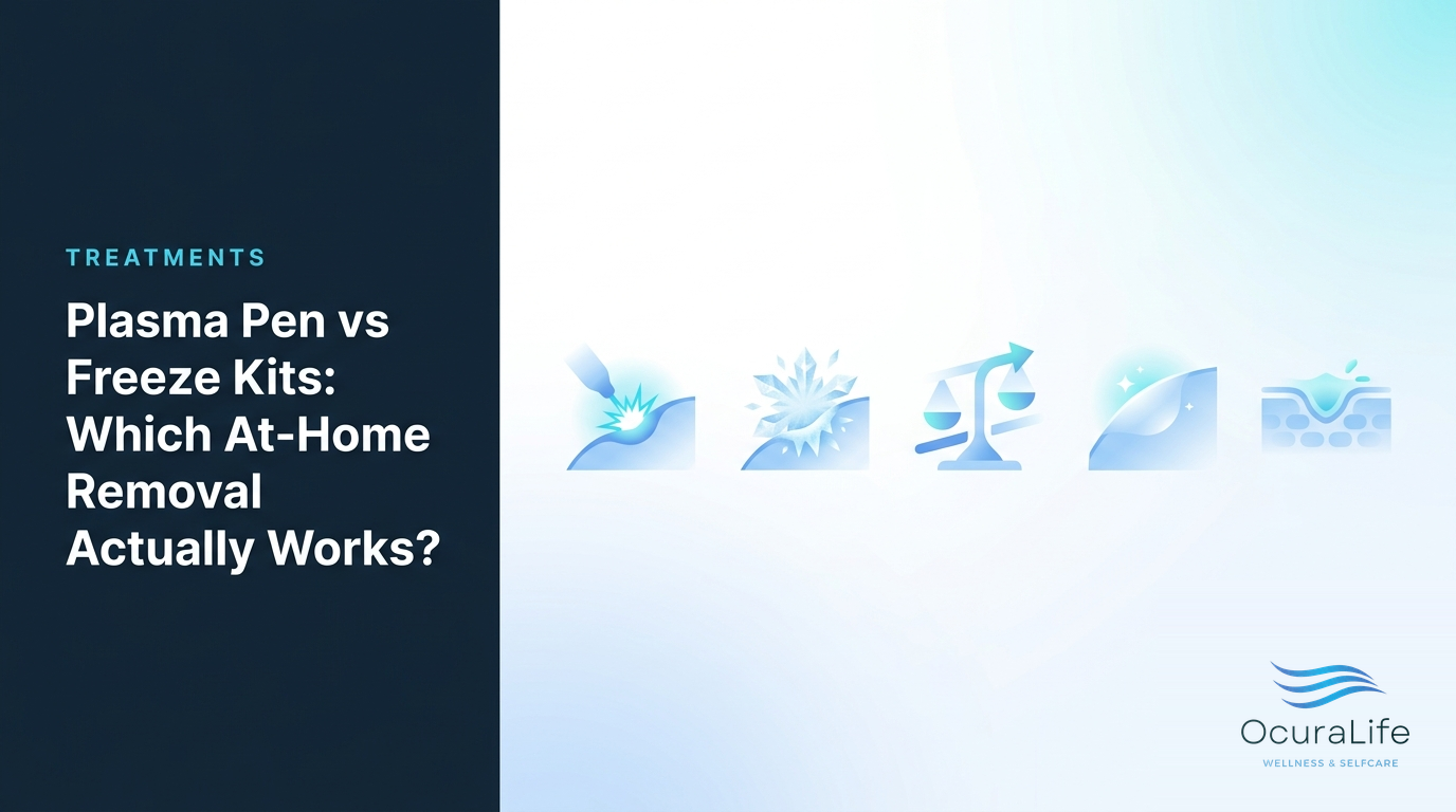 Editorial illustration: Plasma Pen vs Freeze Kits: Which At-Home Removal Actually Works?