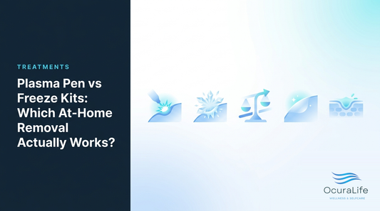 Editorial illustration: Plasma Pen vs Freeze Kits: Which At-Home Removal Actually Works?