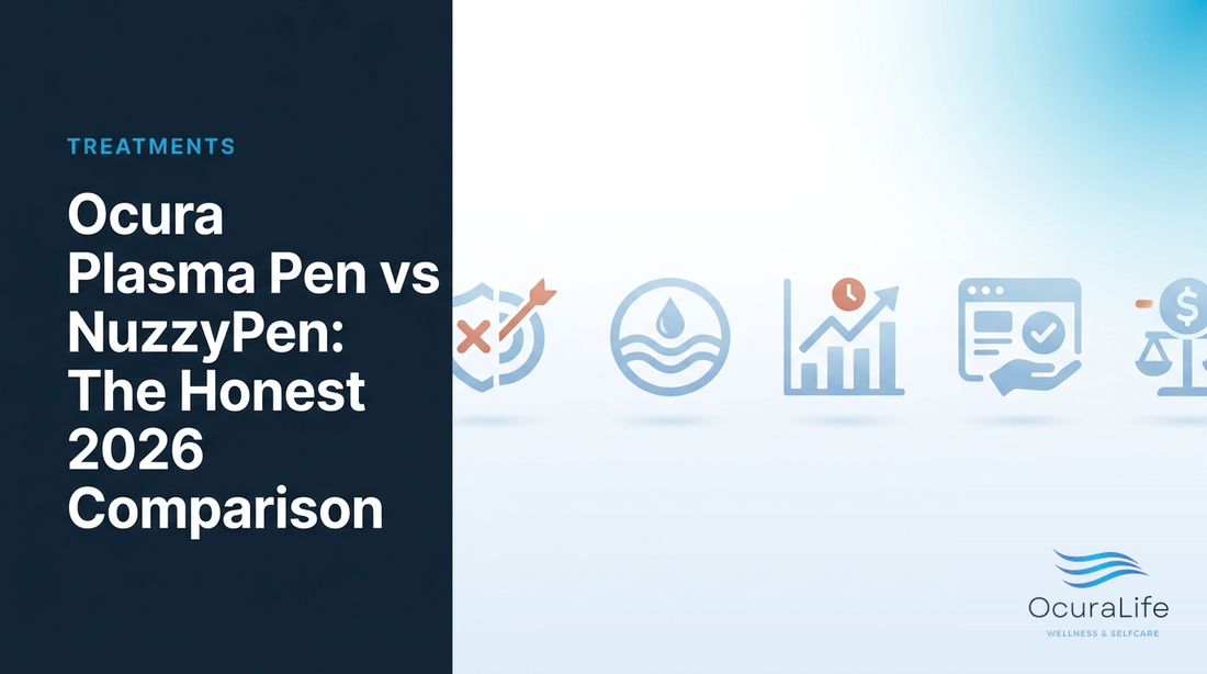 Editorial illustration: Ocura Plasma Pen vs NuzzyPen: The Honest 2026 Comparison