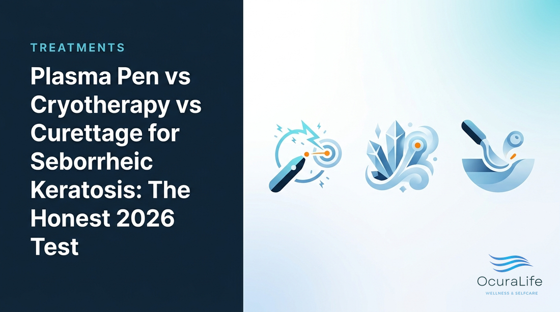Editorial illustration: Plasma Pen vs Cryotherapy vs Curettage for Seborrheic Keratosis