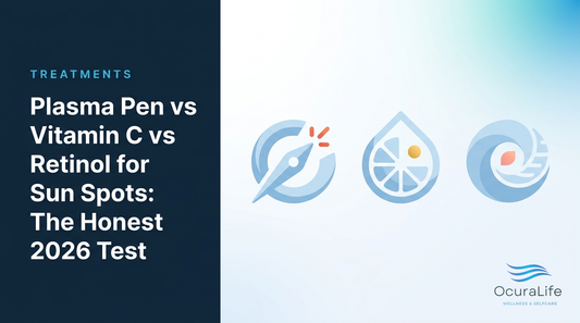 Editorial illustration: Plasma Pen vs Vitamin C vs Retinol for Sun Spots