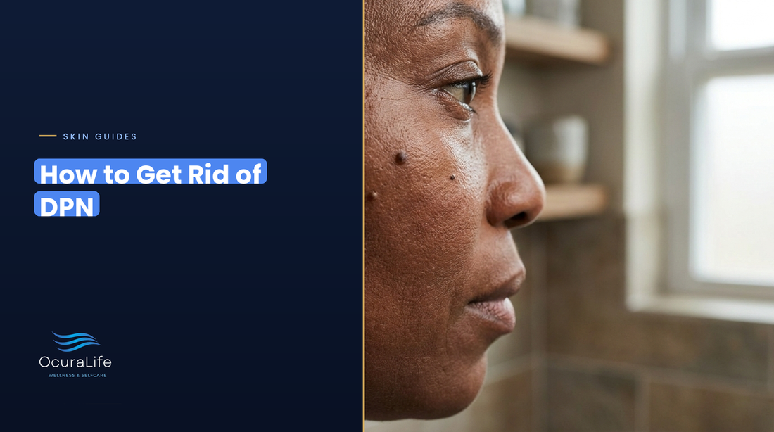 How to get rid of DPN: small dark raised bumps (dermatosis papulosa nigra) on the cheek of a woman with deep brown skin