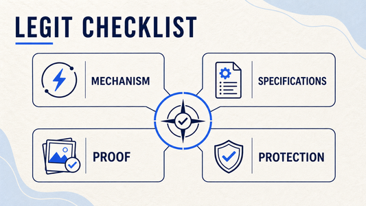 Legitimacy checklist covering mechanism, specifications, proof, and buyer protection