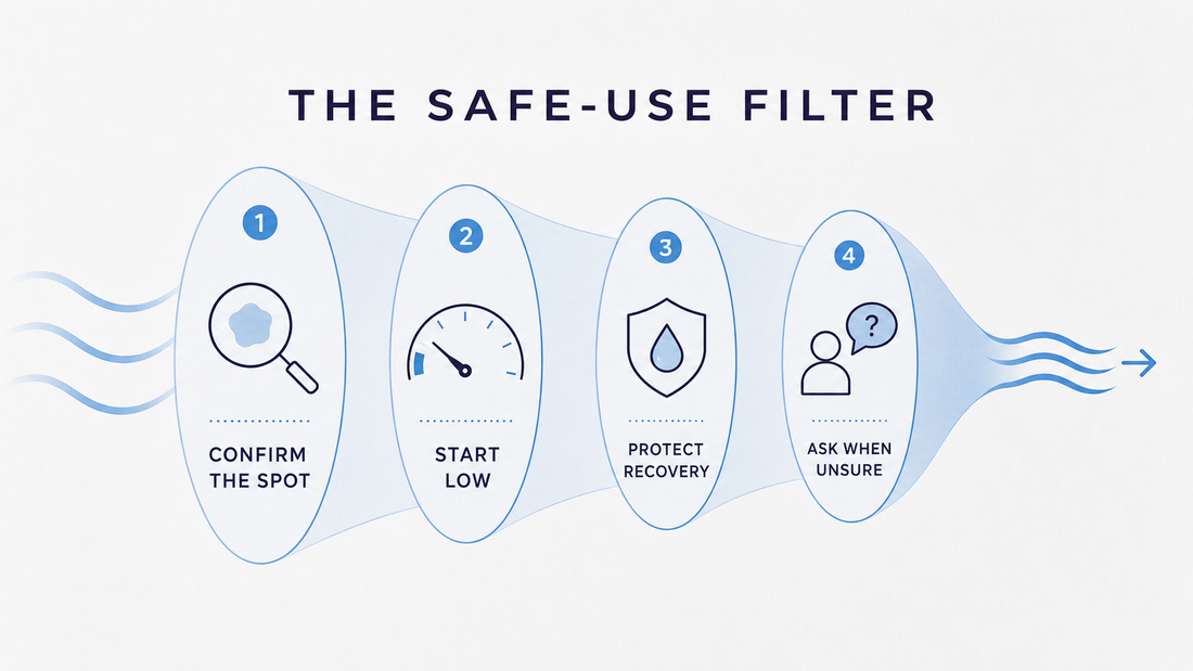 Safe-use infographic showing spot confirmation, low settings, recovery protection, and when to ask