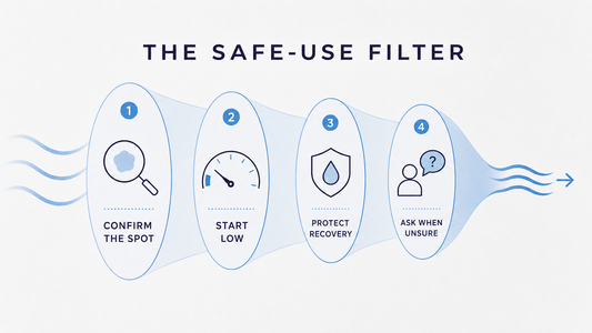 Safe-use infographic showing spot confirmation, low settings, recovery protection, and when to ask