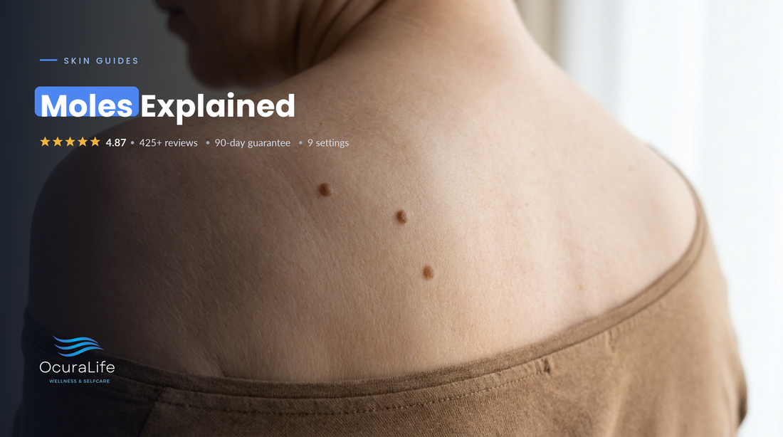 Three small round brown moles on the upper back and shoulder of a woman