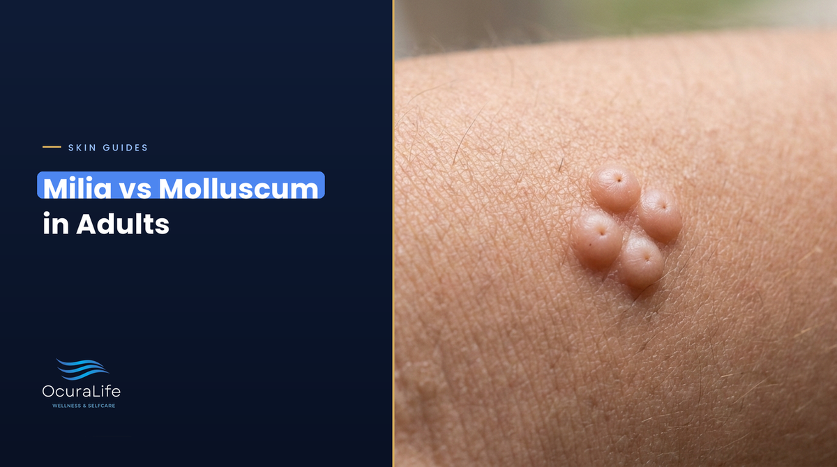 Milia vs molluscum contagiosum in adults: close-up of pearly dome-shaped bumps with a central dimple on an arm