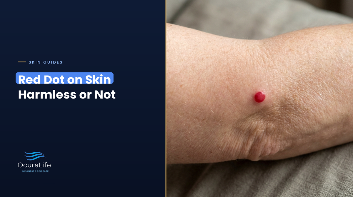 A small bright cherry-red dot on the arm of a woman in her late 40s, the typical look of a harmless cherry angioma