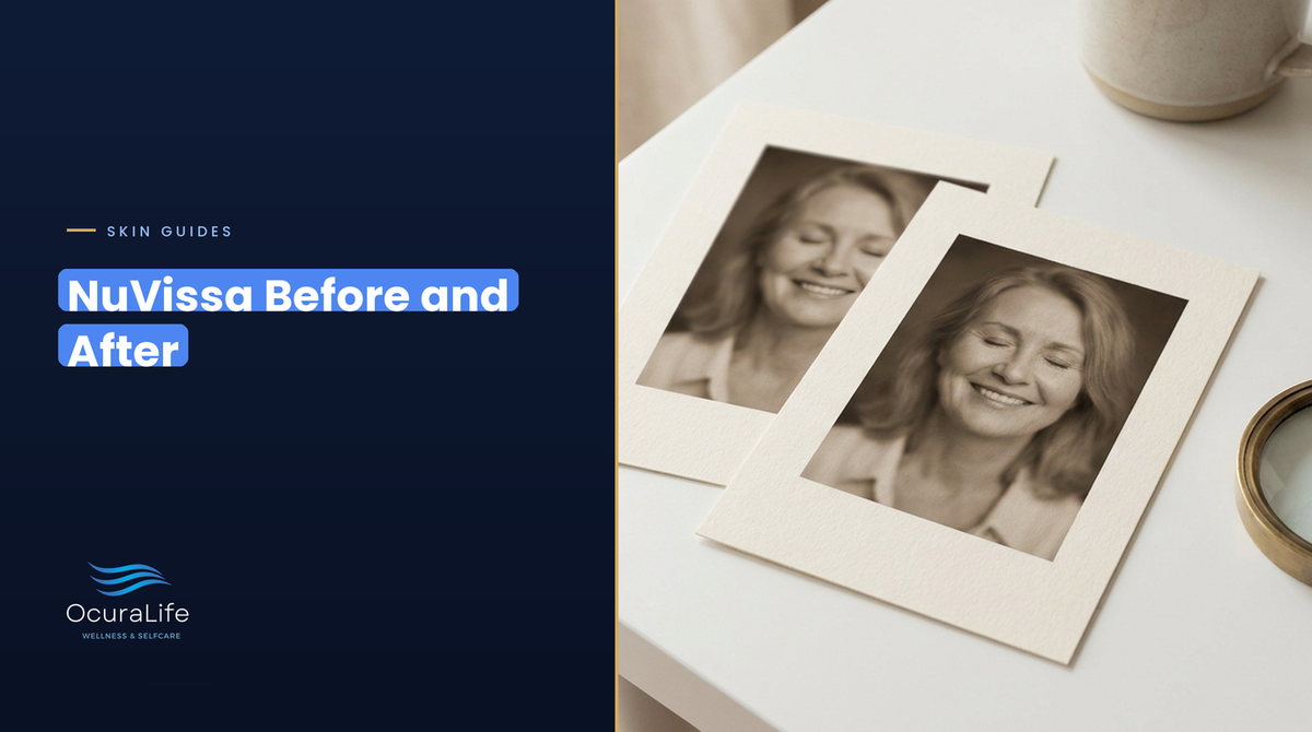 NuVissa before and after: two printed face photos side by side on a white desk with a magnifying glass